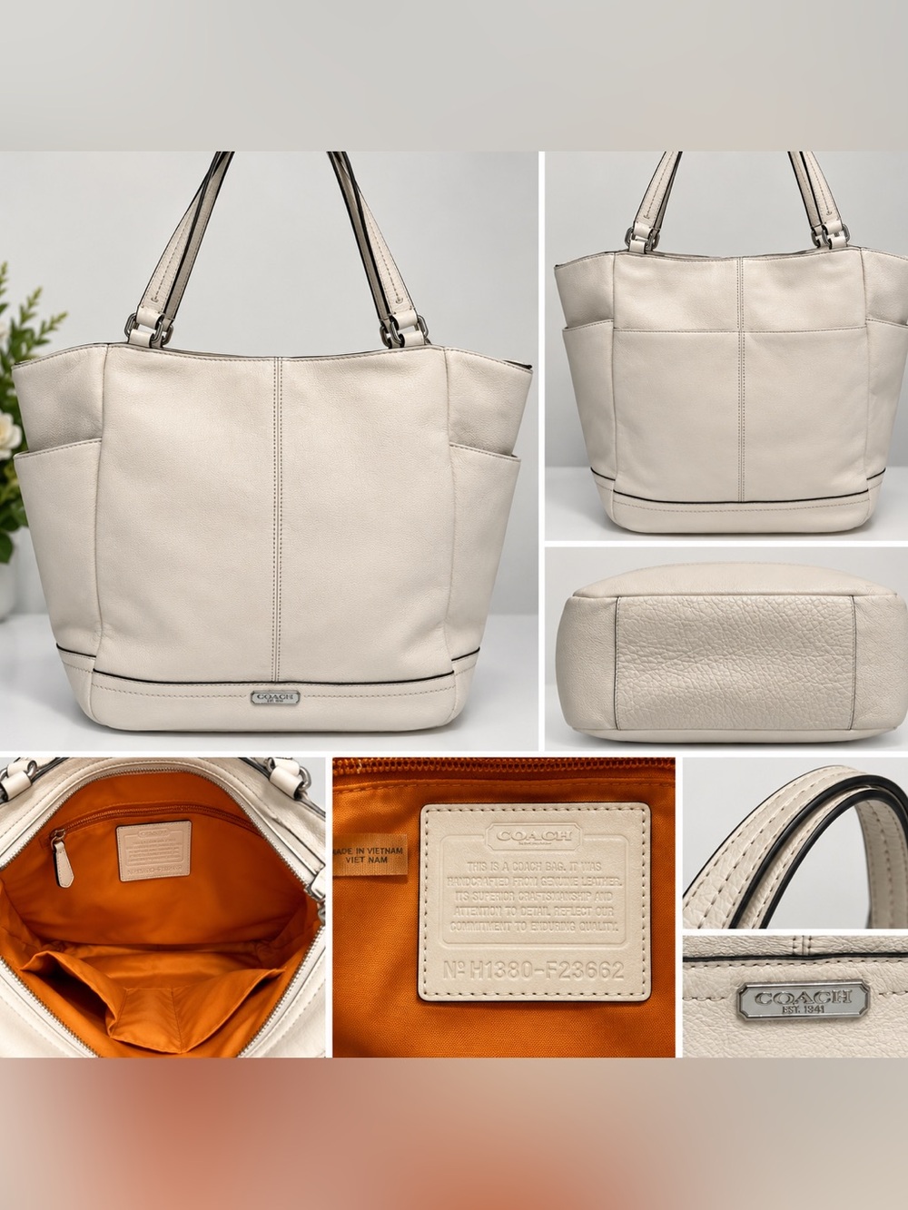 Coach Park F23662 Ivory Pebbled Leather North South Tote Shoulder Bag